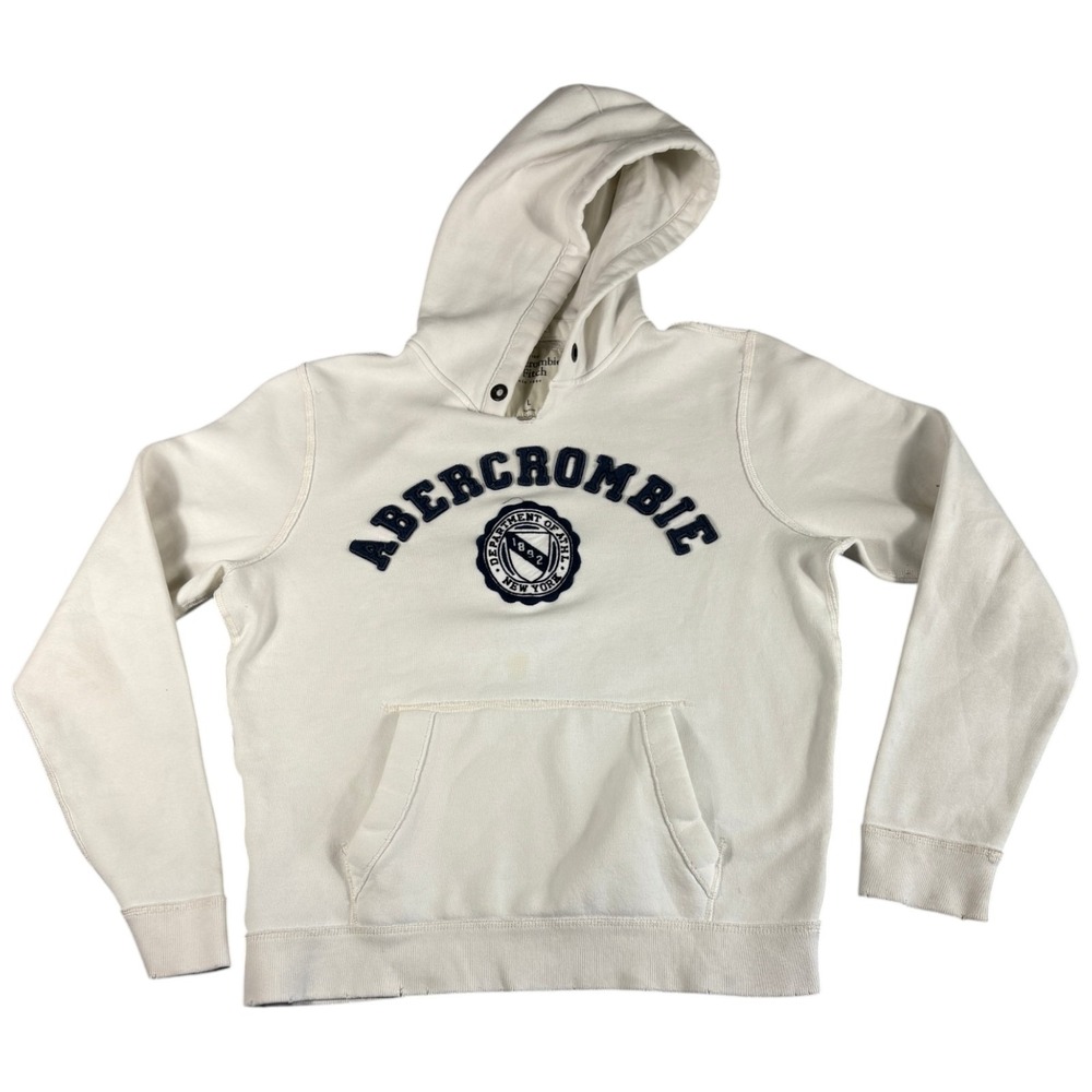 Abercrombie & Fitch Hoodie Mens Large Ivory Vintage Distressed Y2K Muscle Fit